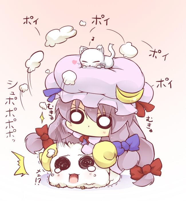 1girl animal animal_on_head bow cat cat_on_head chibi crescent hair_bow hat hazuki_ruu heart musical_note o_o on_head open_mouth patchouli_knowledge purple_hair riding sheep simple_background solid_circle_eyes solo tears touhou trembling