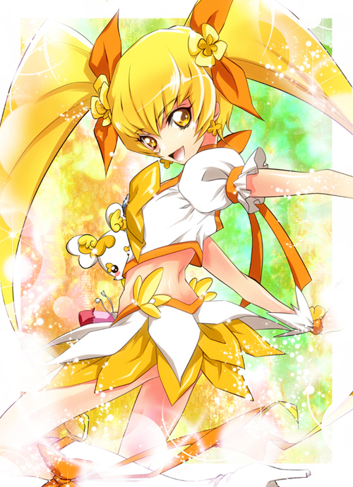 blonde_hair bow cure_sunshine heartcatch_precure! long_hair magical_girl midriff myoudouin_itsuki orange_bow precure ribbon skirt solo twintails yellow_bow yellow_eyes yokota_mamoru