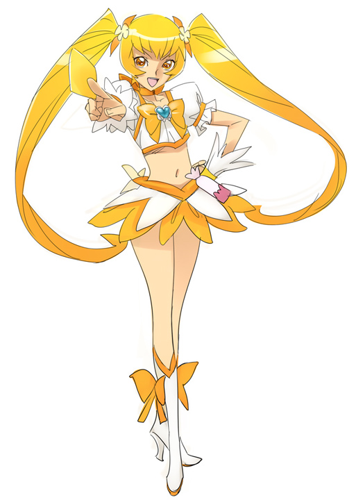 boots bow choker cure_sunshine food fruit full_body hand_on_hip heartcatch_precure! high_heels knee_boots long_hair magical_girl myoudouin_itsuki navel nishieda open_mouth orange orange_bow orange_choker orange_eyes orange_hair precure shoes simple_background solo standing twintails wrist_cuffs yellow_bow