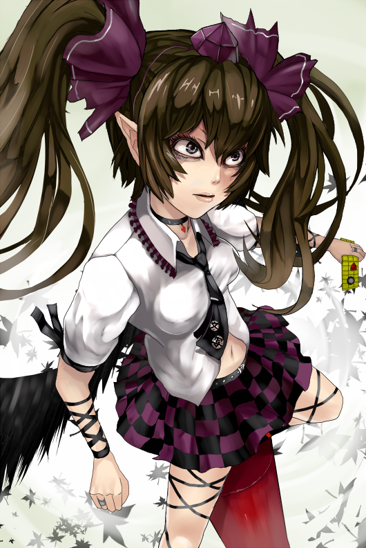bad_id bad_pixiv_id bags_under_eyes brown_hair cellphone checkered checkered_skirt choker from_above hat hata-tan himekaidou_hatate leaf lips long_hair maple_leaf navel necktie phone pointy_ears skirt solo tokin_hat touhou twintails wings yukinojou_yakan