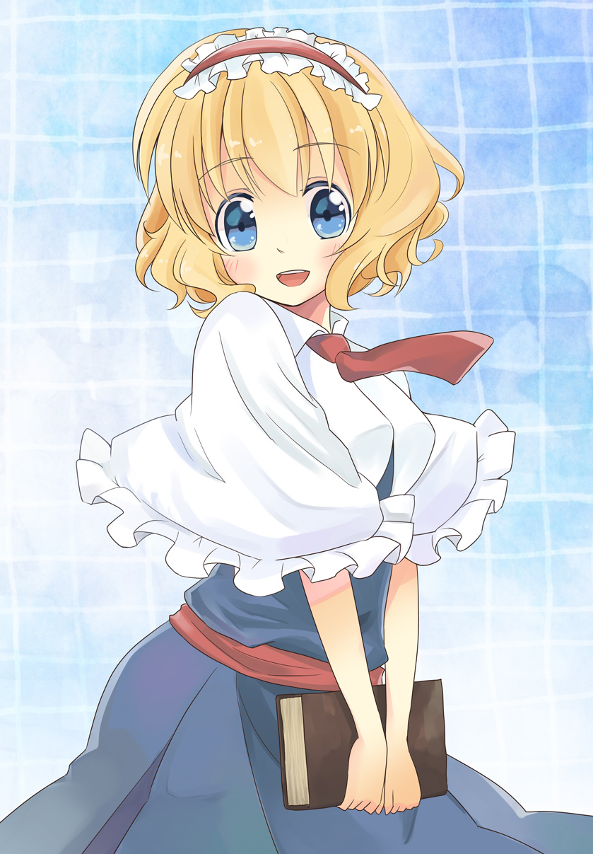 :d aiba_kou alice_margatroid blonde_hair blue_eyes book capelet dress hairband highres holding holding_book open_mouth short_hair smile solo touhou v_arms