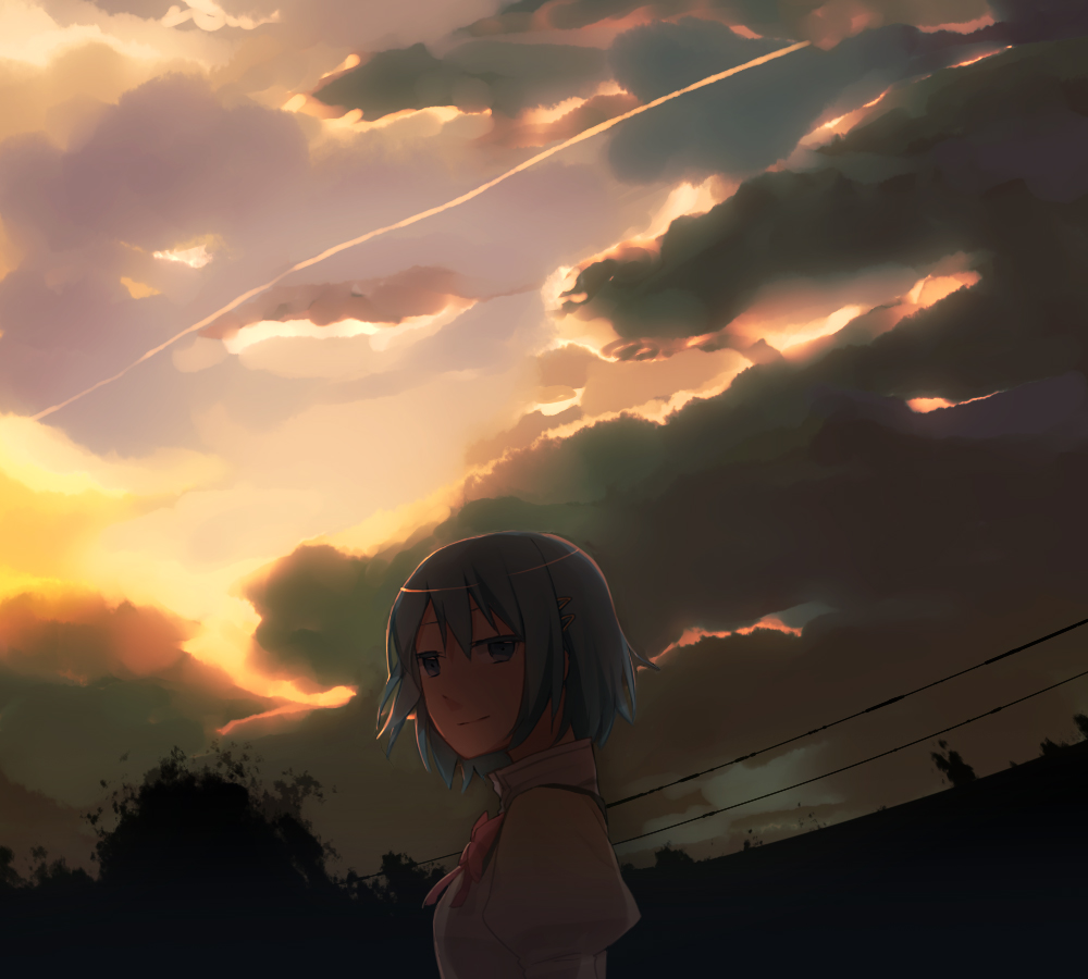 bad_id bad_pixiv_id blue_eyes blue_hair cloud hair_ornament hairclip mahou_shoujo_madoka_magica miki_sayaka scenery school_uniform solo sunset tsuzuya_(knt31)