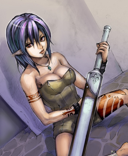 elf necklace oppai purple_hair red_eyes tagme tattoo tosh weapon