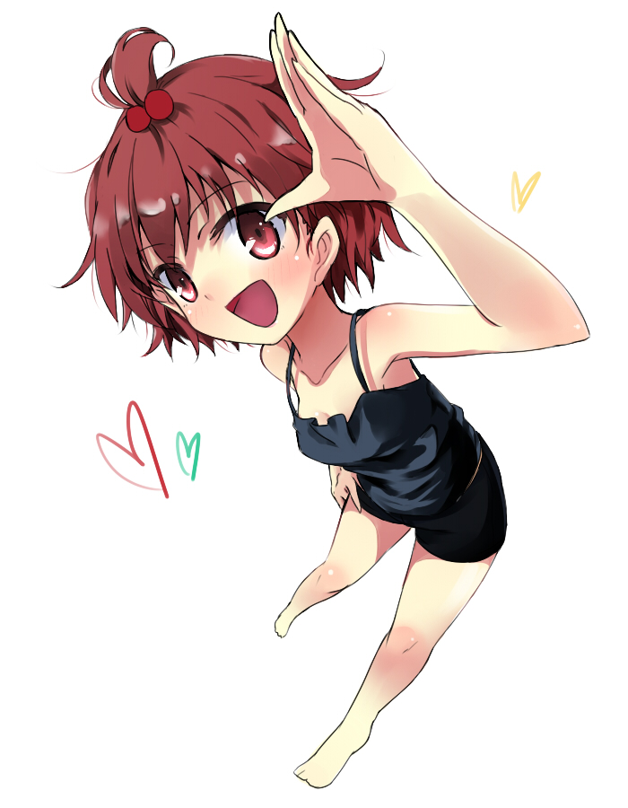 arm_up bad_id bad_pixiv_id bare_legs brown_eyes brown_hair from_above hair_bobbles hair_ornament heart maromi_(am97) marui_futaba mitsudomoe open_mouth ponytail shorts solo tank_top