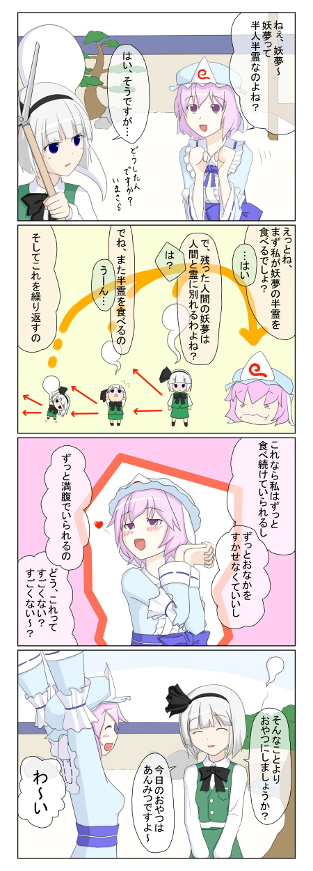 4koma blue_eyes bow bowtie comic ghost hair_bow hat heart hedge_clippers highres konpaku_youmu konpaku_youmu_(ghost) multiple_girls pink_hair purple_eyes rokugatsu_t saigyouji_yuyuko silver_hair touhou translated triangular_headpiece