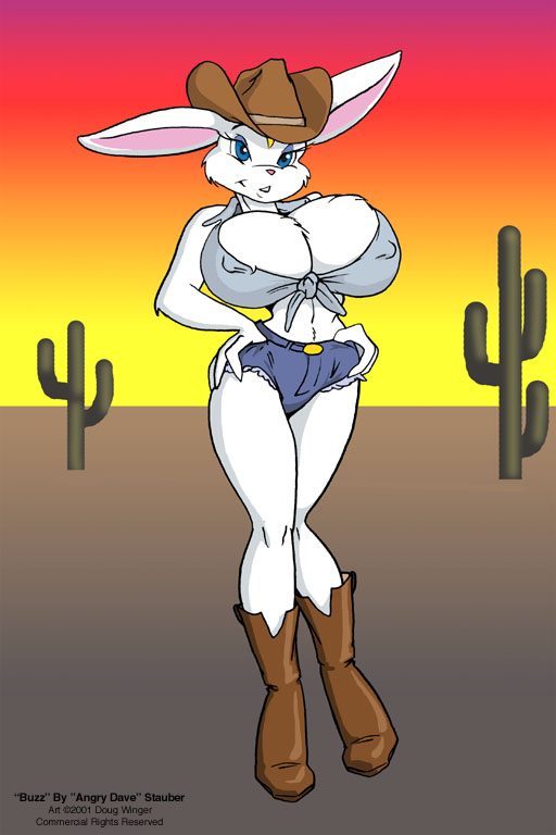 blue_eyes boots breasts cactus cleavage clothed clothing cowboy_boots cowboy_hat cutoffs denim_shorts doug_winger female hat headwear lagomorph looking_at_viewer mammal nipples outside rabbit shorts solo standing