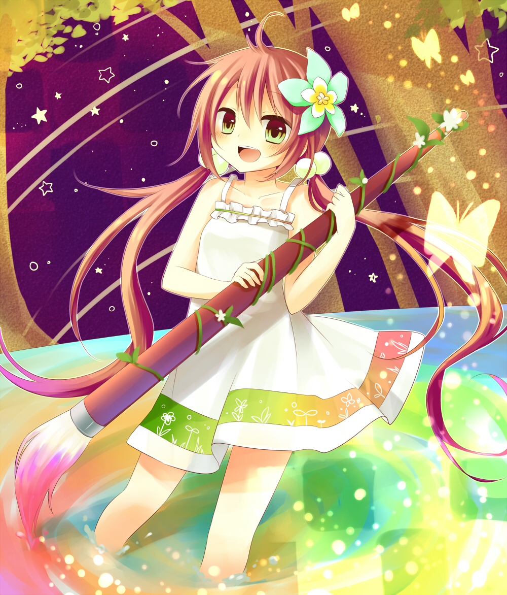 :d amane_kurumi art_brush bad_id bad_pixiv_id blush bug butterfly colorful dress flower gradient_hair green_eyes hair_bobbles hair_flower hair_ornament insect long_hair multicolored_hair oekaki_musume open_mouth original paintbrush pink_hair smile solo standing tree twintails