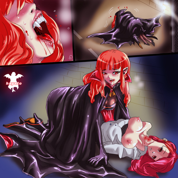 2girls bite bite_mark biting blood blood_sucking breasts cape fangs hayato large_breasts multiple_girls stockings thighhighs torn_clothes vampire