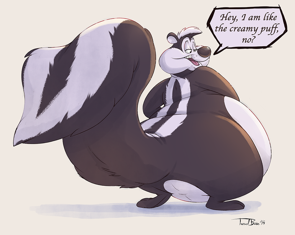 2019 anthro belly big_belly big_butt black_fur butt fluffy fluffy_tail fur looney_tunes male mammal mephitid overweight pep&eacute;_le_pew plantigrade skunk speech_bubble striped_tail stripes teaselbone text warner_brothers white_fur