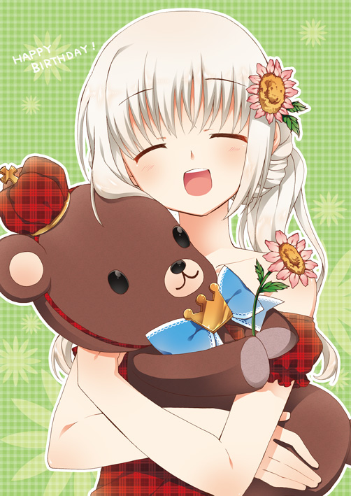 blonde_hair casual closed_eyes crown flower little_busters! long_hair noumi_kudryavka side_ponytail solo stuffed_animal stuffed_toy teddy_bear touon