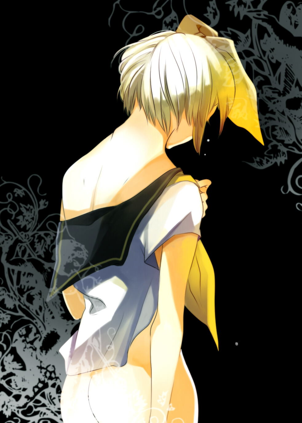 ass back bad_id bad_pixiv_id blonde_hair bottomless from_behind hair_ribbon highres kagamine_rin nia_(four_winds) no_panties ribbon sailor_collar short_hair solo undressing vocaloid