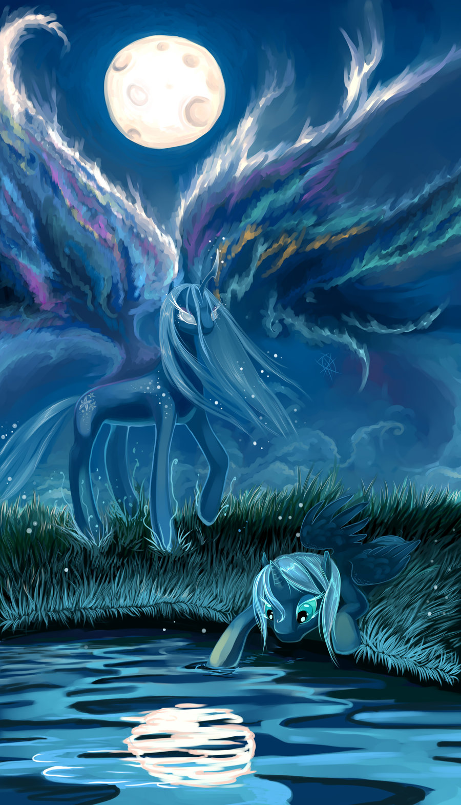 alicorn equine female feral friendship_is_magic glowing_eyes green_eyes hair horn horns horse mammal moon my_little_pony pony princess_luna_(mlp) stars unknown_pony white_hair winged_unicorn wings