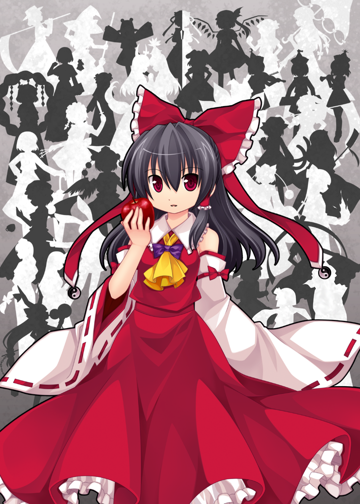 alice_margatroid aoilio apple ascot bad_apple!! bad_id bad_pixiv_id bare_shoulders black_hair bow chen detached_sleeves elly everyone flandre_scarlet food fruit fujiwara_no_mokou hair_bow hair_tubes hakurei_reimu hinanawi_tenshi houraisan_kaguya ibuki_suika inaba_tewi inubashiri_momiji izayoi_sakuya kagiyama_hina kamishirasawa_keine kawashiro_nitori kazami_yuuka kirisame_marisa kochiya_sanae konpaku_youmu long_hair lunasa_prismriver lyrica_prismriver merlin_prismriver moriya_suwako multiple_girls onozuka_komachi patchouli_knowledge red_eyes reisen_udongein_inaba remilia_scarlet shameimaru_aya shiki_eiki silhouette smile touhou touhou_(pc-98) yagokoro_eirin yasaka_kanako