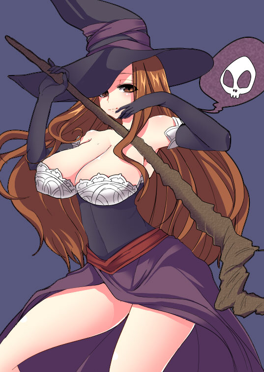 breasts cleavage dragon's_crown dragon's_crown hat huge_breasts masayu smile sorceress_(dragon's_crown) sorceress_(dragon's_crown) staff vanillaware weapon