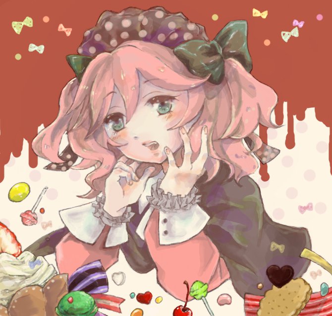 bow candy cape charlotte_(madoka_magica) cookie face food green_eyes hair_bow ice_cream lollipop mahou_shoujo_madoka_magica nanahara personification pink_hair solo sweets twintails witch's_labyrinth