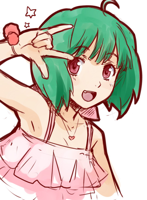 :d \m/ ahoge armpits dress face fang green_hair ha-ru heart jewelry macross macross_frontier necklace open_mouth ranka_lee red_eyes short_hair simple_background sketch smile solo star upper_body wristband