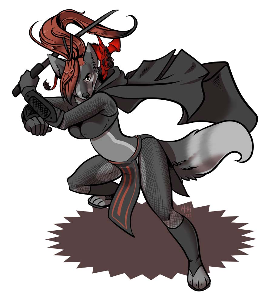 attack canine cloak dynamic fatecoyote female fight grey_eyes hair hooves long_hair looking_at_viewer mammal plain_background red_hair solo sword touchmybadger warrior weapon white_background wings