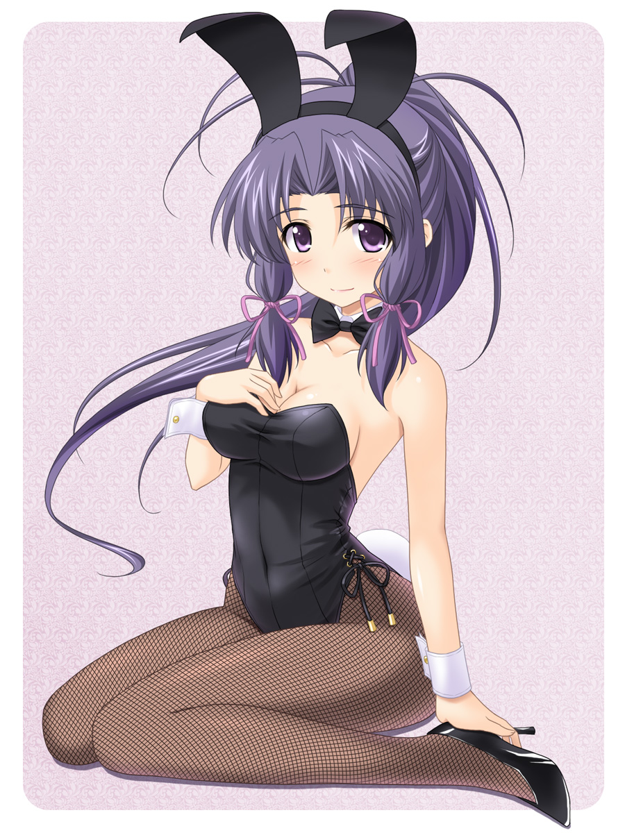 animal_ears bare_shoulders blush bunny_ears bunny_girl bunny_tail bunnysuit fishnet_pantyhose fishnets hair_ribbon hairband haruka_(sister_princess) high_heels highres long_hair masakichi_(crossroad) pantyhose purple_eyes purple_hair ribbon shoes sister_princess sitting solo tail twintails wariza