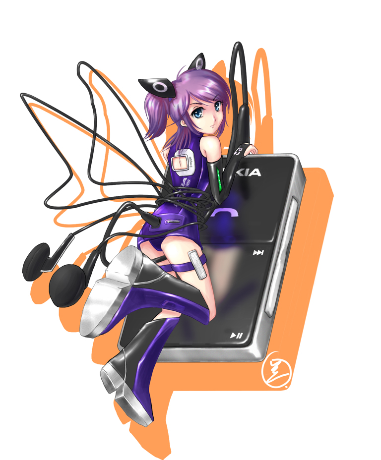 axl_(pixiv) back blue_eyes boots earphones looking_back mizugi mp3_player nokia one-piece_swimsuit purple_hair tail twin_tails wire