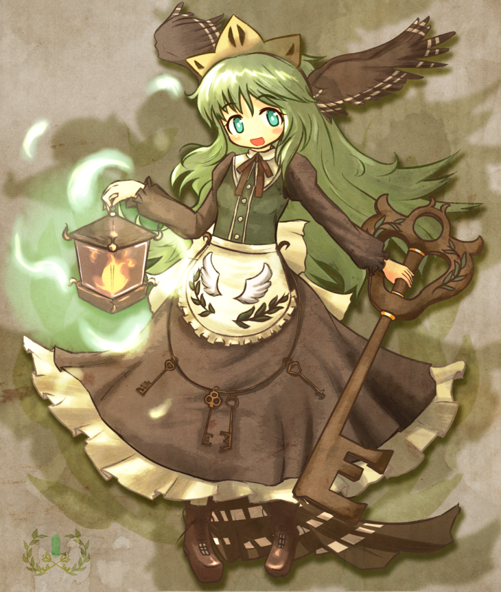 akihiyo apron aqua_eyes blush_stickers dress green_hair key keyblade lantern long_hair maid original solo wings