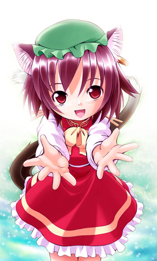 animal_ears brown_hair cat_ears cat_tail chen child dress earrings hat jewelry multiple_tails necktie nekomata outstretched_hand purple_hair red_eyes seminoyu short_hair smile solo tail touhou