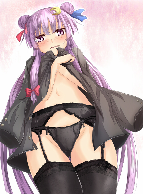 black_legwear black_panties blush crescent crescent_hair_ornament double_bun from_below garter_belt hair_ornament jacket_on_shoulders lace lace-trimmed_thighhighs lingerie md5_mismatch navel panties patchouli_knowledge purple_eyes purple_hair ram_hachimin solo thighhighs topless touhou underwear