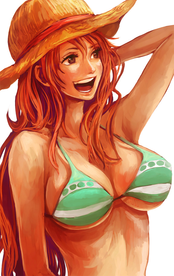 bad_id bad_pixiv_id bikini bikini_top breasts brown_eyes hat large_breasts long_hair nami_(one_piece) one_piece open_mouth red_hair simple_background smile solo straw_hat swimsuit tsuyomaru