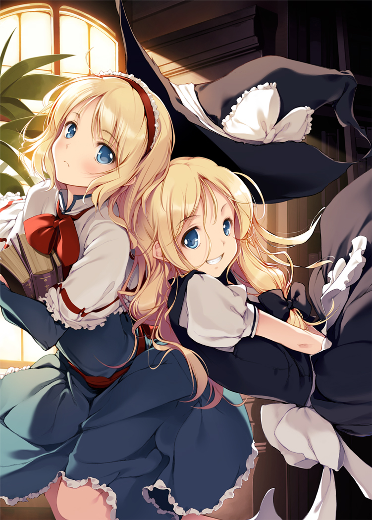 alice_margatroid back-to-back blonde_hair blue_eyes blush book book_hug bow capelet closed_mouth dress face grin hair_bow hairband hat hat_removed headwear_removed holding holding_book ke-ta kirisame_marisa multiple_girls smile touhou witch_hat