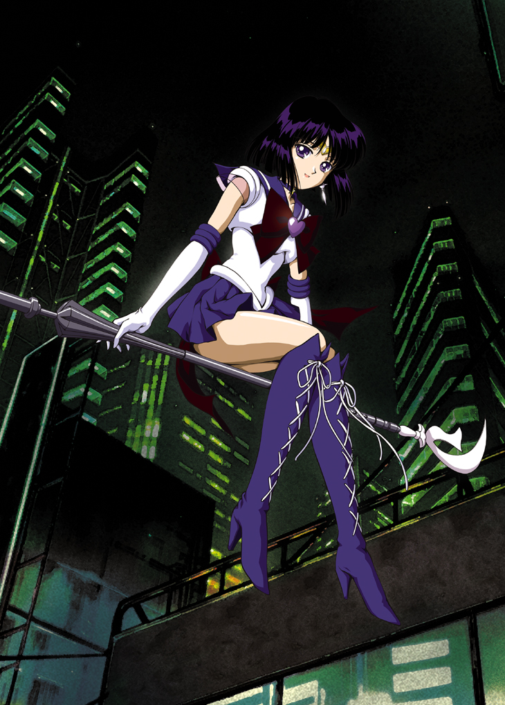 bishoujo_senshi_sailor_moon black_hair boots bow broom broom_riding brown_bow choker city cross-laced_footwear earrings elbow_gloves full_body gloves heart high_heels hino_ryutaro holding holding_spear holding_weapon jewelry knee_boots lace-up_boots magical_girl night pleated_skirt polearm purple_eyes purple_footwear purple_sailor_collar purple_skirt ribbon sailor_collar sailor_saturn sailor_senshi_uniform short_hair sidesaddle silence_glaive sitting skirt smile solo spear star star_choker super_sailor_saturn tiara tomoe_hotaru weapon white_gloves