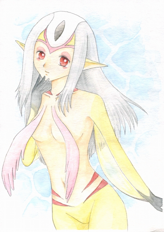 blue_submarine_no_6 colored_pencil colored_pencil_(art) convenient_censoring female half-length_portrait monster monster_girl monstergirl mutio nude nullo pointy_ears red_eyes solo unknown_artist yellow_skin