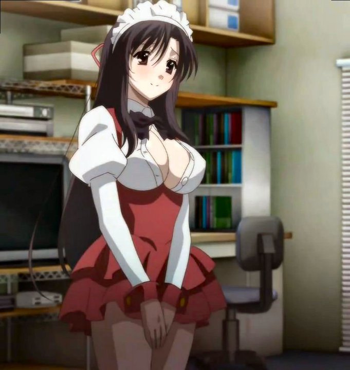 black_hair bowtie breasts cleavage cross_days cuffs happy katsura_kotonoha large_breasts long_hair long_sleeves maid miniskirt no_bra open_shirt oppai screen_capture smile solo thighs unbuttoned