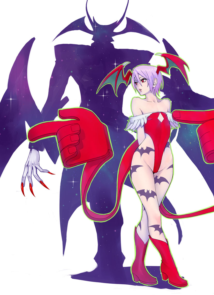 bare_shoulders boots capcom demon_girl flat_chest head_wings jedah_dohma leotard lilith_aensland markings ogami point red_eyes silhouette space succubus tattoo vampire_(game)