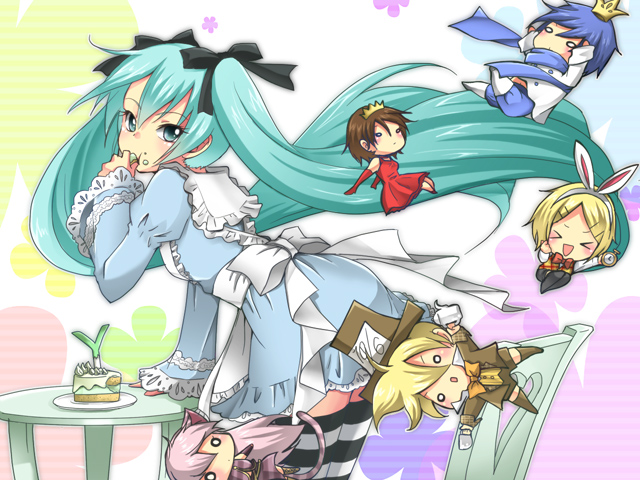 &gt;_&lt; 4girls alice_in_wonderland animal_ears apron aqua_eyes aqua_hair bunny_ears cake chibi closed_eyes crown eating food frills hair_ornament hair_ribbon hairclip hat hatsune_miku kagamine_len kagamine_rin kaito long_hair megurine_luka meiko multiple_boys multiple_girls ribbon striped striped_legwear thighhighs tsujiori twintails very_long_hair vocaloid zettai_ryouiki