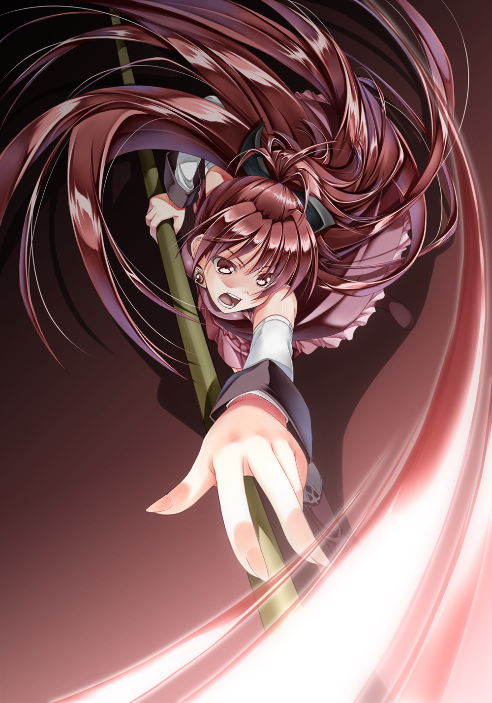 foreshortening from_above hands highres long_hair magical_girl mahou_shoujo_madoka_magica open_mouth polearm ponytail red_eyes red_hair sakura_kyouko shadow shinohara_shinome solo weapon