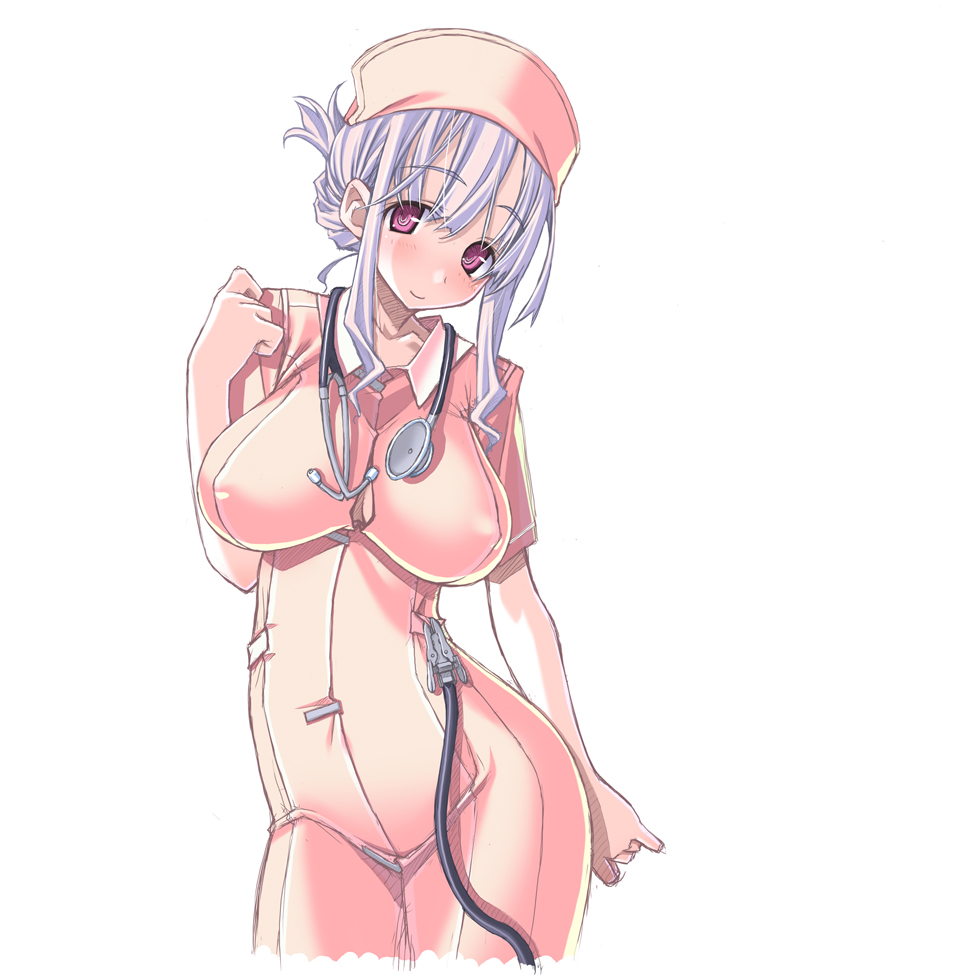 blue_hair blush breasts covered_nipples hat head_tilt impossible_clothes large_breasts nurse nurse_cap original pink_eyes purple_eyes sakuya_tsuitachi silver_hair simple_background smile solo stethoscope white_background