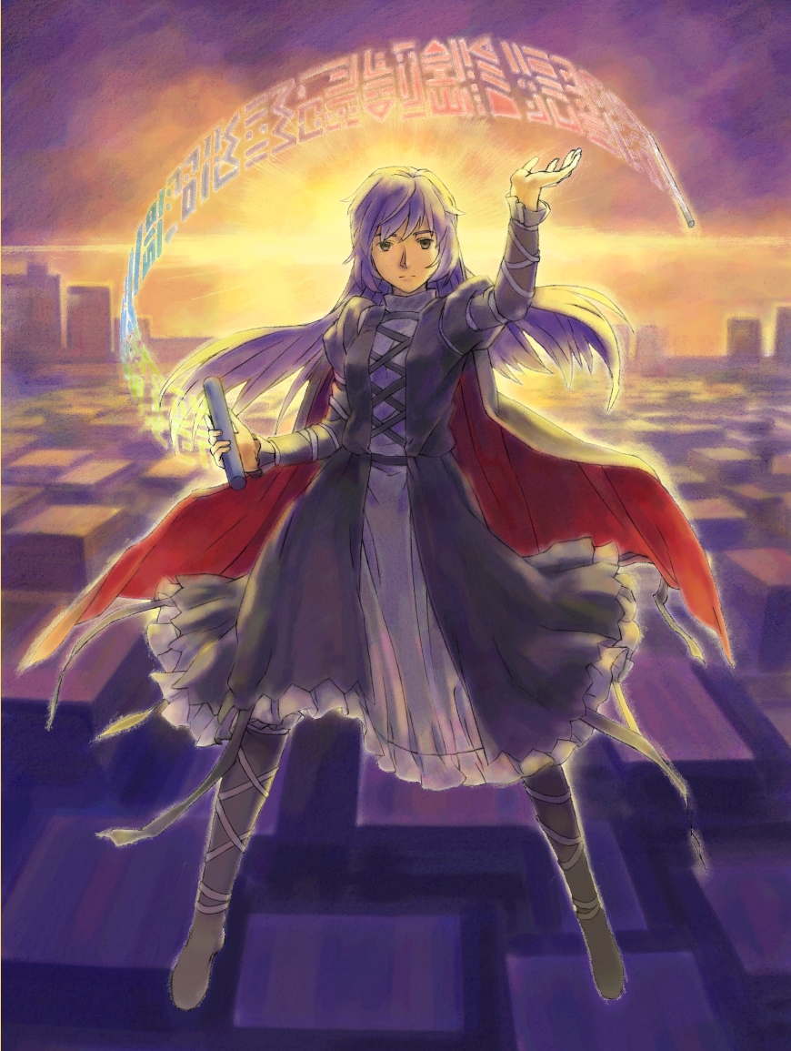 ankle_lace-up arm_up backlighting boots cape cross-laced_footwear dress expressionless flying hijiri_byakuren long_hair looking_at_viewer nakajimayou purple_hair scroll solo sorcerer's_sutra_scroll sunset touhou