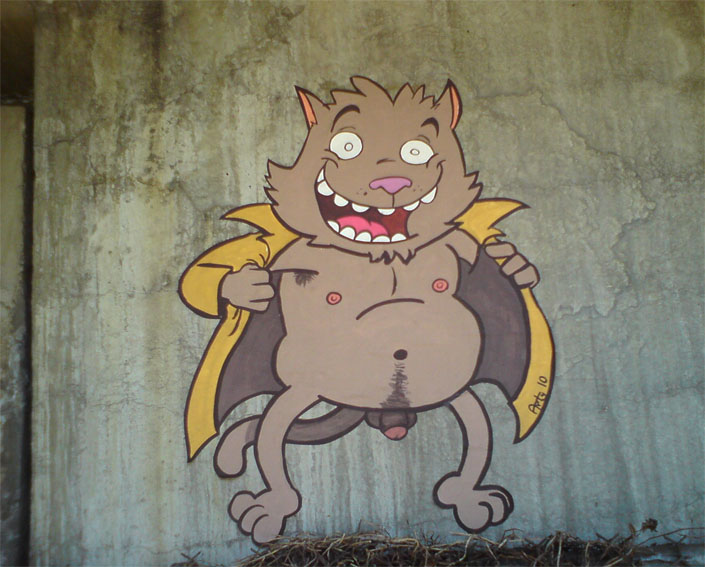 coat feline flasher male mammal nude rthur solo street_art