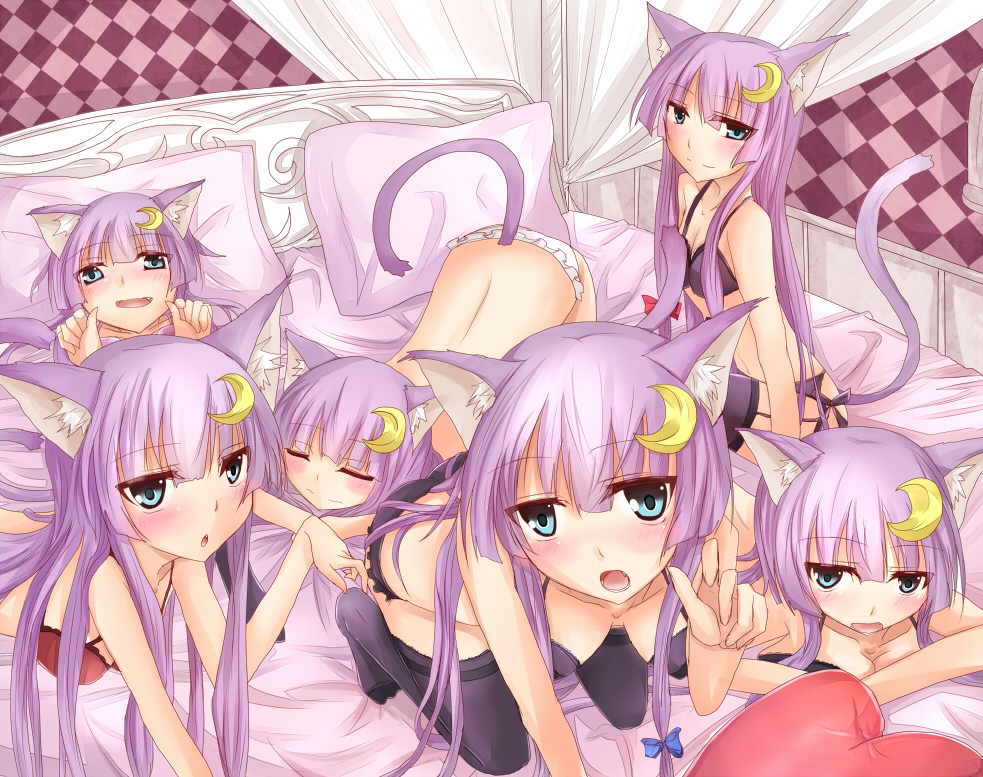 animal_ears aqua_eyes bed blush bra canopy_bed cat_ears cat_tail clone crescent crescent_hair_ornament garter_belt hair_ornament kemonomimi_mode lingerie long_hair multiple_girls multiple_persona panties patchouli_knowledge purple_hair ram_hachimin sitting tail thighhighs touhou underwear underwear_only