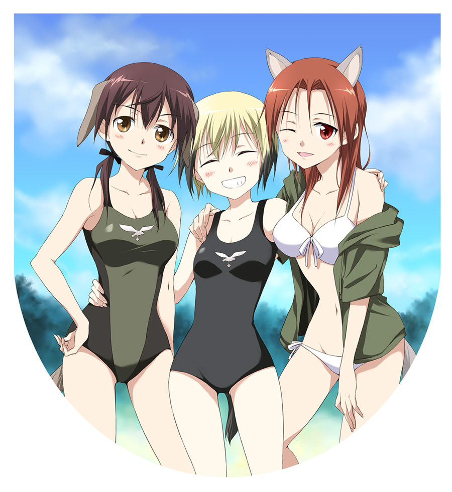 agahari animal_ears bikini breasts brown_eyes brown_hair casual_one-piece_swimsuit cleavage closed_eyes collarbone dog_ears dog_tail erica_hartmann front-tie_top gertrud_barkhorn grin hair_ribbon hand_on_hip hand_on_shoulder jacket medium_breasts minna-dietlinde_wilcke multicolored_hair multiple_girls navel off_shoulder one-piece_swimsuit one_eye_closed red_eyes red_hair ribbon side-tie_bikini smile strike_witches swimsuit tail twintails two-tone_hair world_witches_series