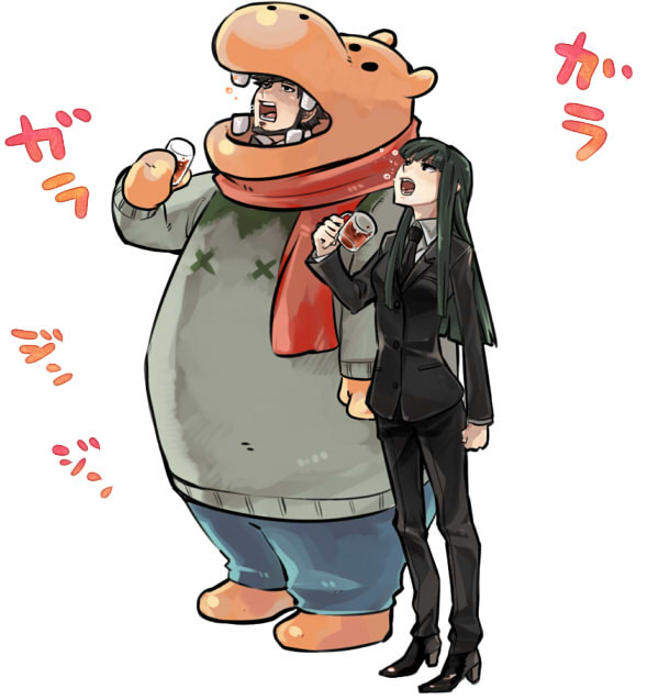 1girl animal_costume black_hair cup darker_than_black formal hazuki_mina_(darker_than_black) hippopotamus long_hair necktie ocha_(oteaaa) open_mouth scarf shizume_genma simple_background standing suit