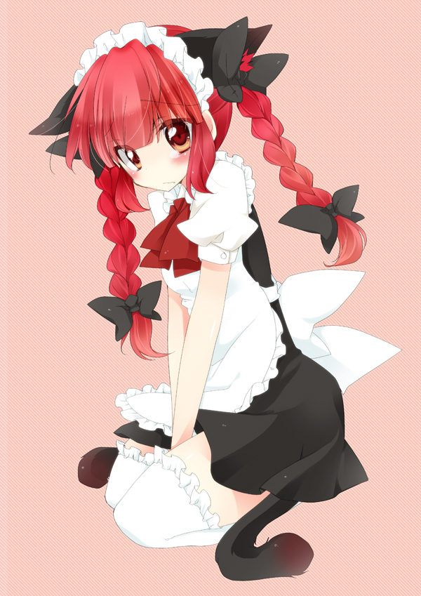 alternate_costume animal_ears apron blush braid cat_ears cat_tail enmaided extra_ears kaenbyou_rin long_hair maid maid_headdress mao_(alepricos) red_eyes sitting solo tail thighhighs touhou twin_braids twintails white_legwear