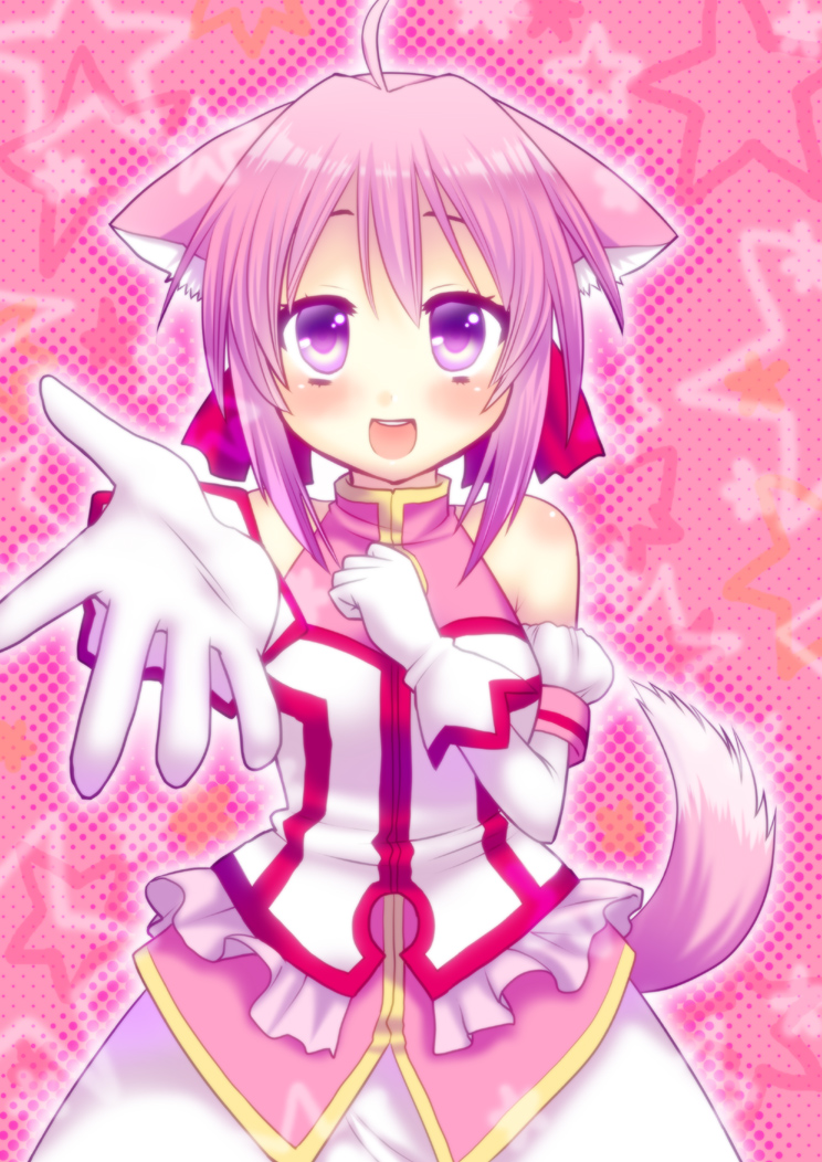 animal_ears dog_days dog_ears dog_girl dog_tail millhiore_f_biscotti outstretched_hand pink_hair purple_eyes saki_chisuzu solo tail
