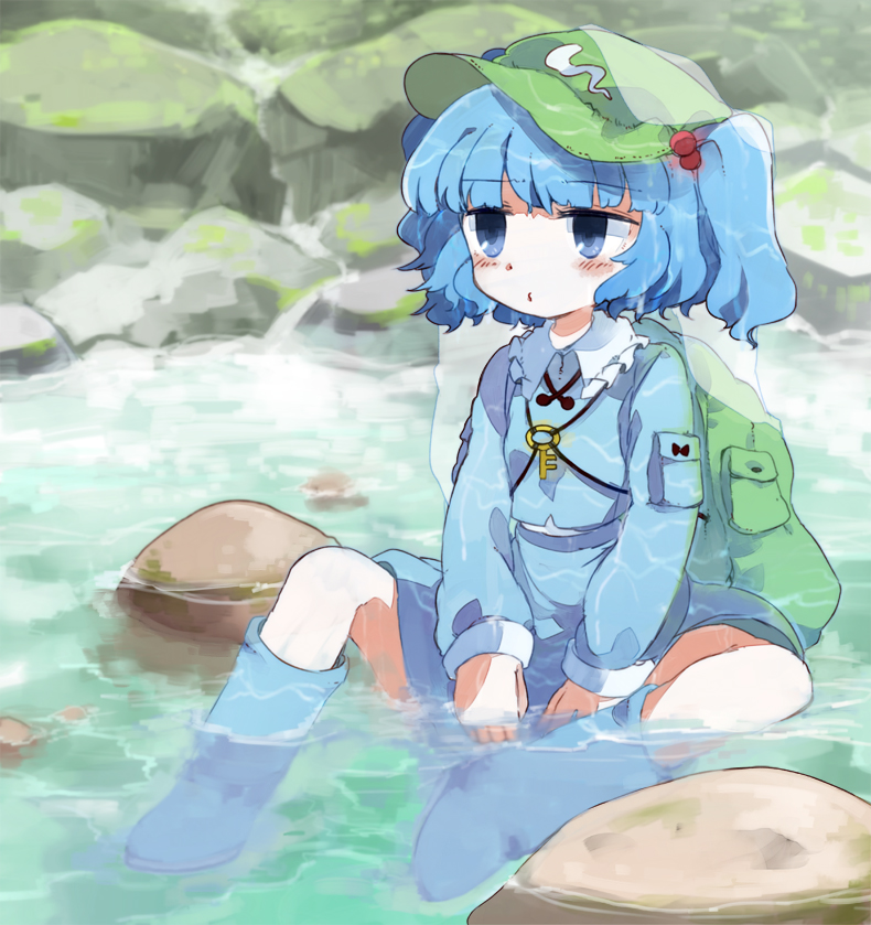 backpack bag blue_eyes blue_hair blush boots chachi_(azuzu) hair_bobbles hair_ornament hat kawashiro_nitori key river rubber_boots short_hair sitting skirt solo submerged touhou two_side_up water wet