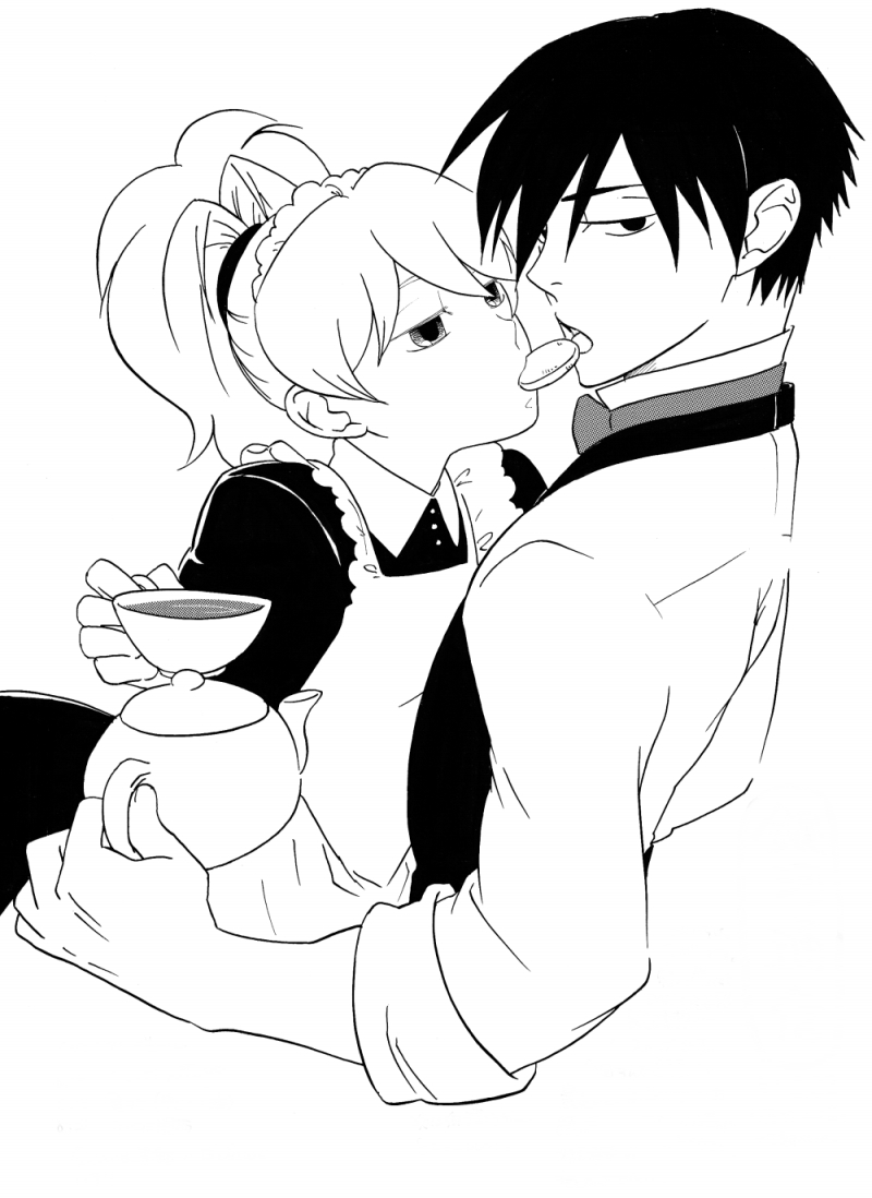 1girl apron bow bowtie butler cookie couple cup darker_than_black eating food formal greyscale hei hetero imminent_kiss maid monochrome ponytail saneie sleeves_rolled_up suit teacup teapot yin