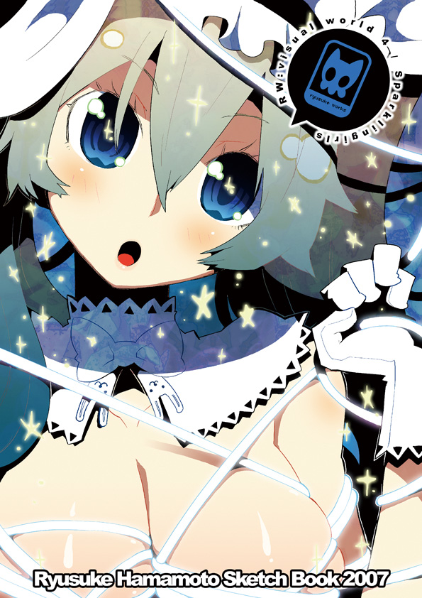 :o blue_eyes blush breasts cleavage close-up face frilled_hat frills gloves green_hair hamamoto_ryuusuke hat large_breasts open_mouth original solo star text_focus upper_body white_hat