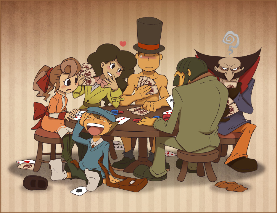 4boys blush card don_paolo flora_reinhold heart hershel_layton holding holding_card inspector_chelmey laughing luke_triton lying_card multiple_boys multiple_girls nude poker professor_layton remi_altava simple_background strip_game strip_poker zillabean