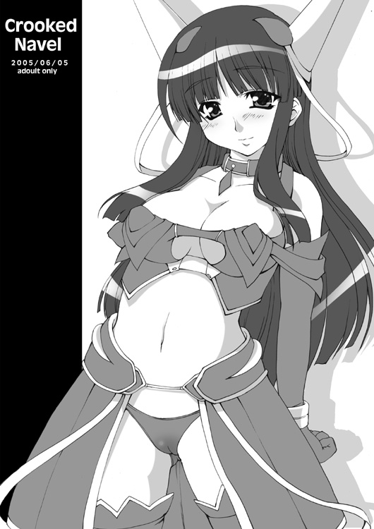 blush breasts cleavage collarbone copyright_request cowboy_shot elbow_gloves gloves greyscale head_tilt headgear kirin_kakeru large_breasts long_hair looking_at_viewer monochrome navel revealing_clothes sidelocks simple_background solo text_focus thighhighs underboob underboob_cutout white_background