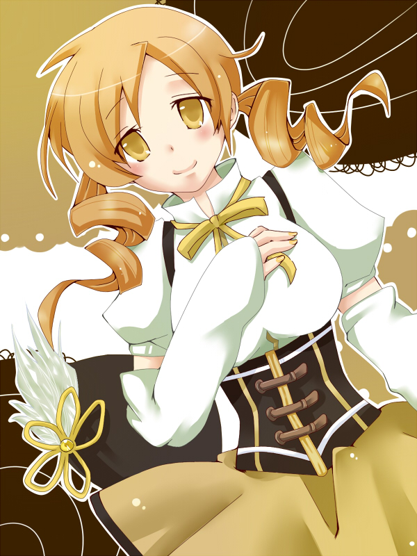 asomaru beret blonde_hair breasts corset detached_sleeves drill_hair hat hat_removed headwear_removed large_breasts magical_girl mahou_shoujo_madoka_magica pleated_skirt skirt solo tomoe_mami twin_drills twintails yellow_eyes