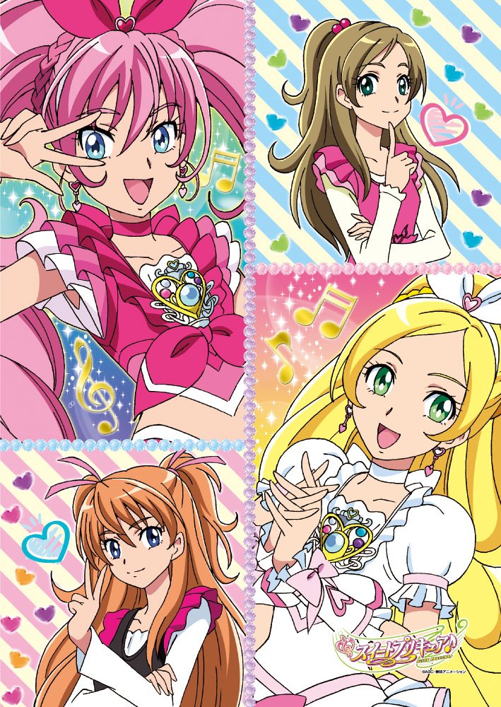 artist_request beamed_sixteenth_notes blonde_hair bow brown_hair choker copyright_name cure_melody cure_rhythm earrings eighth_note eyelashes green_eyes hair_ribbon half_updo houjou_hibiki jewelry logo long_hair magical_girl minamino_kanade multiple_girls musical_note official_art pink_bow pink_choker pink_hair precure ribbon suite_precure treble_clef twintails two_side_up white_choker