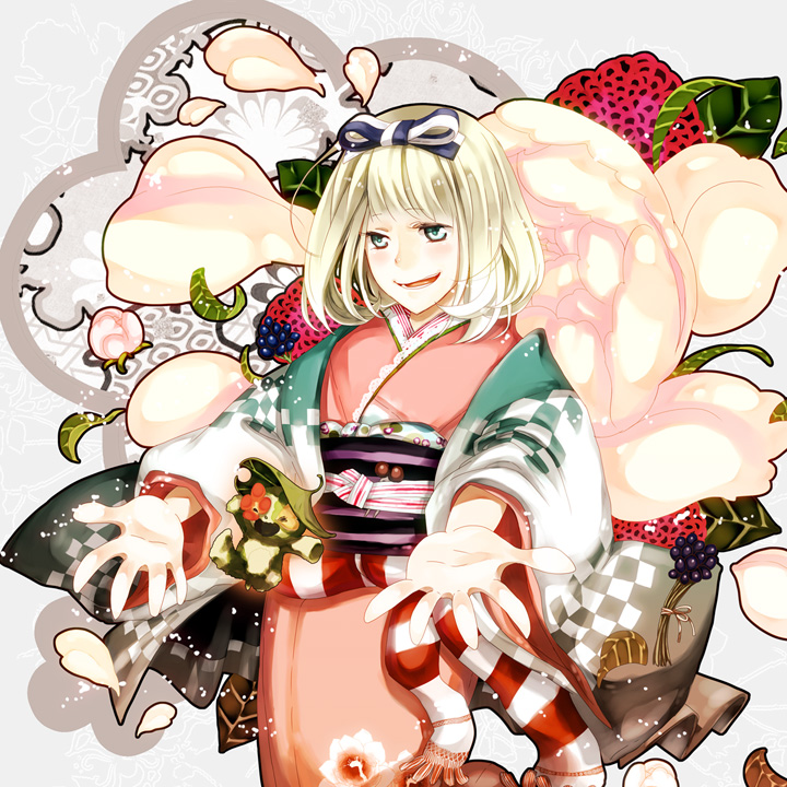 ao_no_exorcist bad_id bad_pixiv_id blush bow flower green_eyes hair_bow houhou_(black_lack) japanese_clothes kimono moriyama_shiemi nii_(ao_no_exorcist) open_mouth outstretched_arm outstretched_hand short_hair smile solo